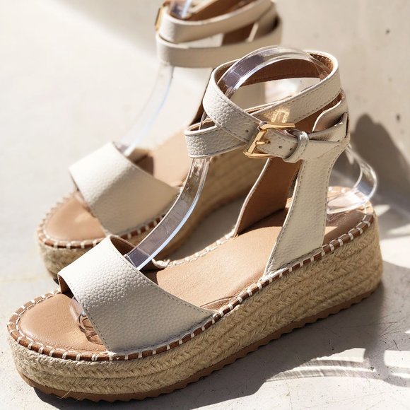 NEW Off White Ivory Ankle Wrap Lace Up Buckle Platform Espadrille Sandals Shoes - Picture 7 of 15